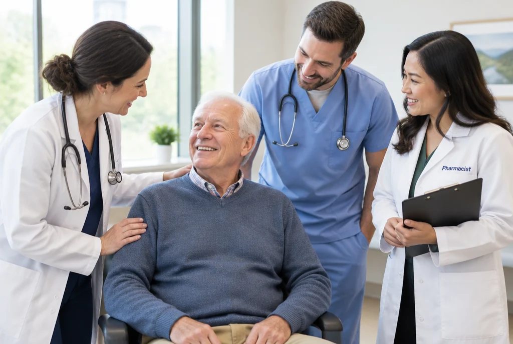 A physician, a nurse practitioner and a pharmacist gathered around a smiling older patient in a bright clinic.