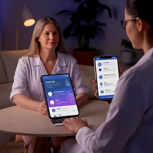Two women in medical attire sit at a table, one holding a tablet and the other a smartphone, both displaying health tracking apps. They appear to be discussing digital health data and AI insights in a clinical setting.