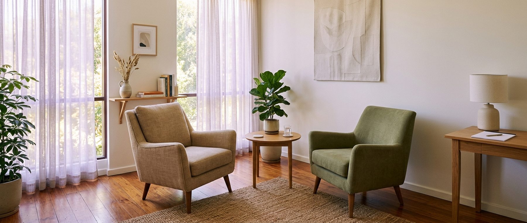 A quiet, unoccupied consultation room with two armchairs angled toward each other.