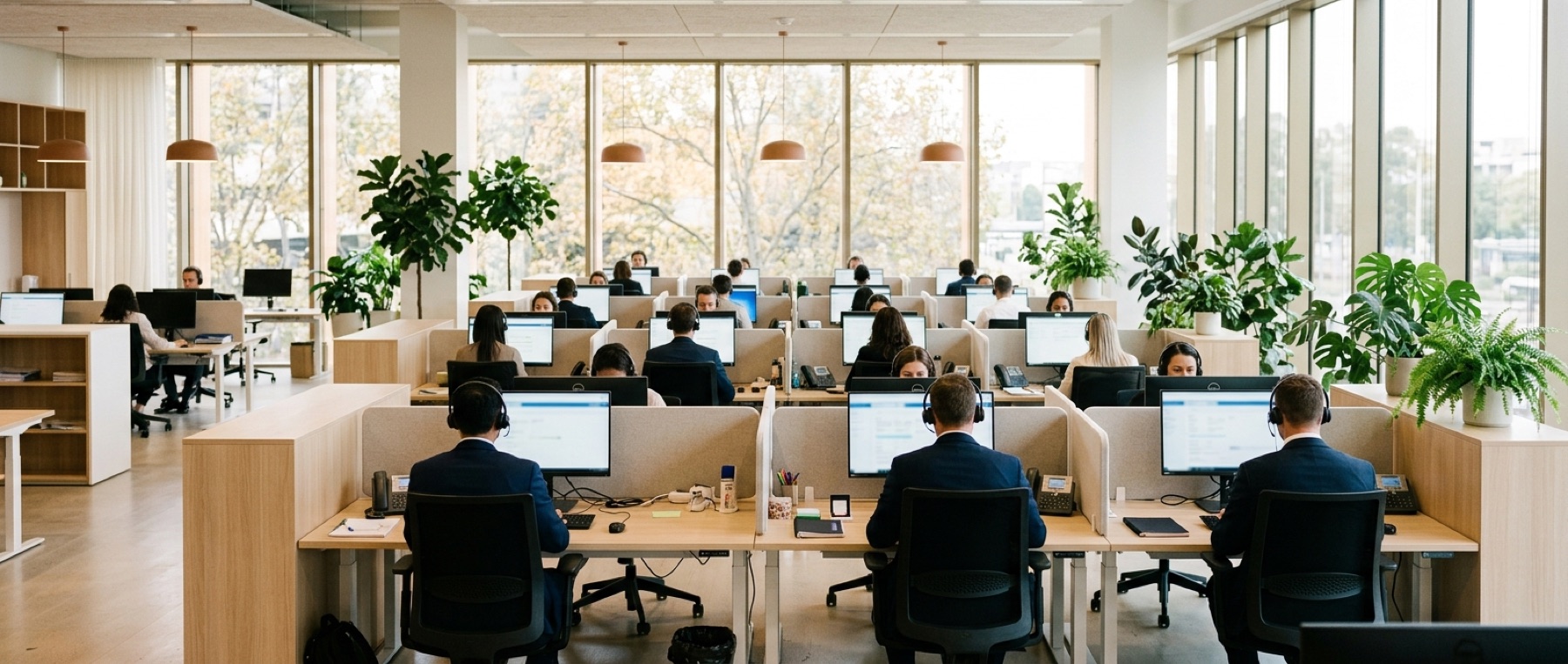 A care coordination team at workstations on an open, daylit operations floor, each clinician on a headset with a patient record open.