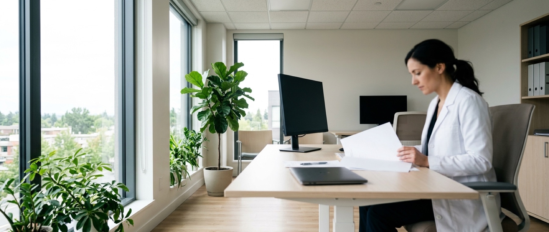 A clinician reviewing documents at a desk in a bright clinical review room.