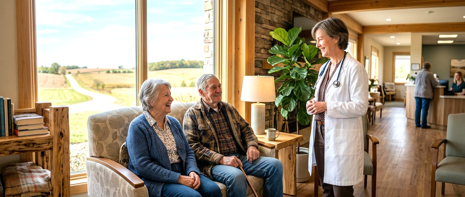 An older couple seated in a bright rural clinic lobby smiling in conversation with a physician, with farmland visible through the window.