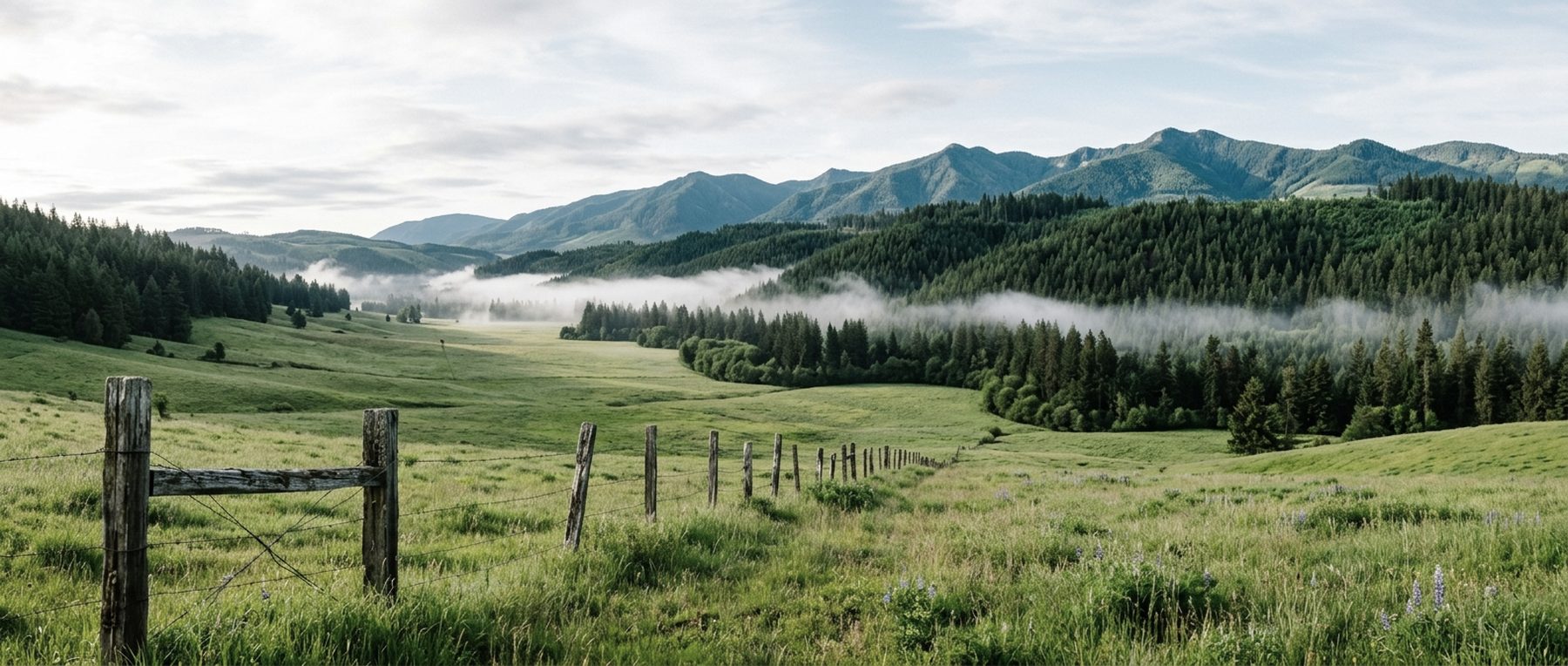 A rural Oregon valley in morning light, green pasture and a fence line with conifer forest and mountains beyond.