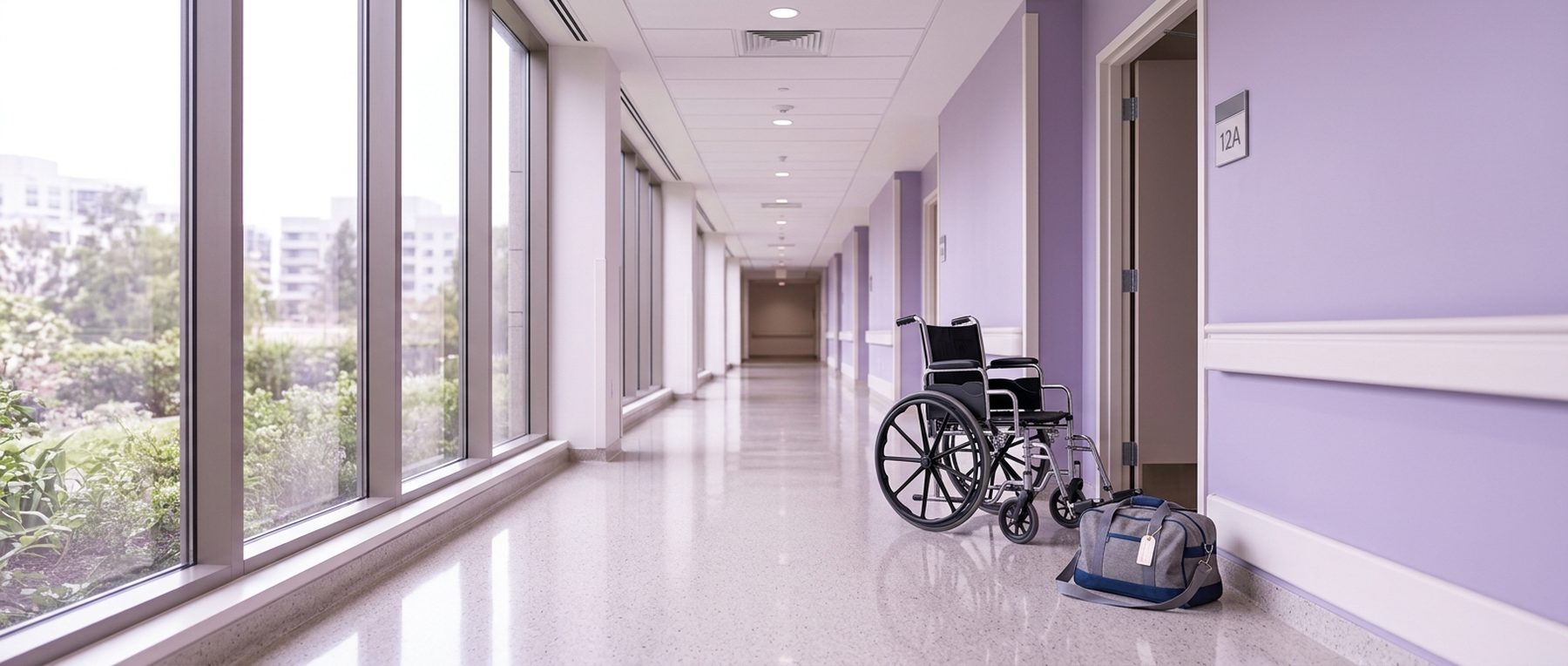 A bright, empty hospital discharge corridor with a wheelchair and an overnight bag waiting near a doorway.