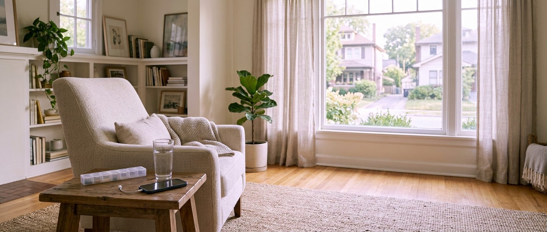 A quiet, unoccupied living room in morning light with a weekly pill organizer and a glass of water on a side table.