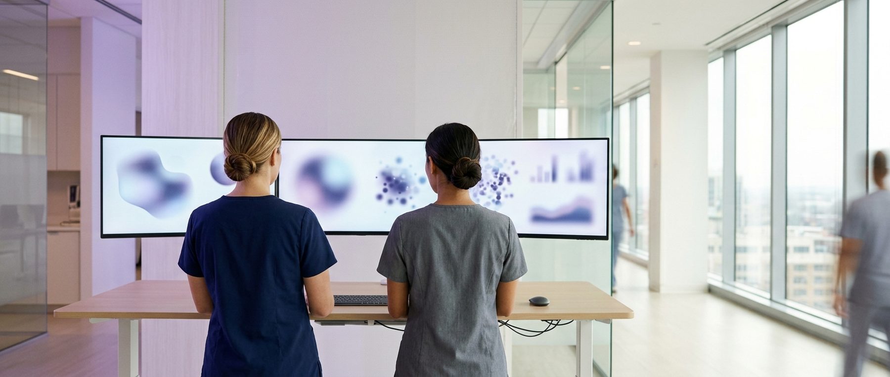 Two clinicians seen from behind at a bright workstation reviewing screens of abstract population data.