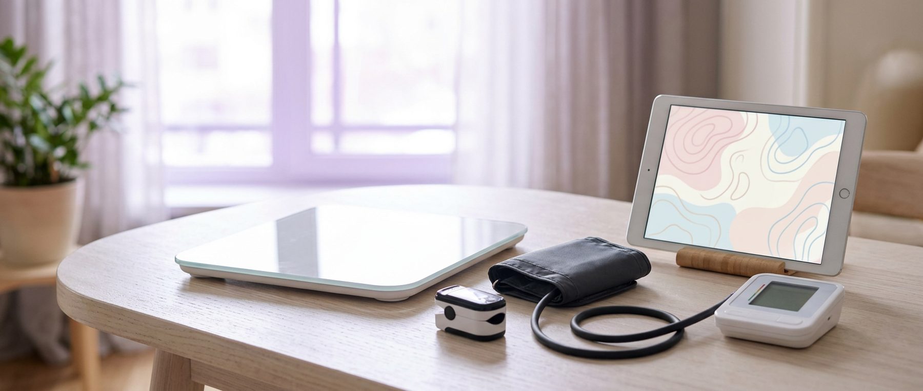 A home table with a blood pressure cuff, a digital scale, a pulse oximeter and a propped tablet.
