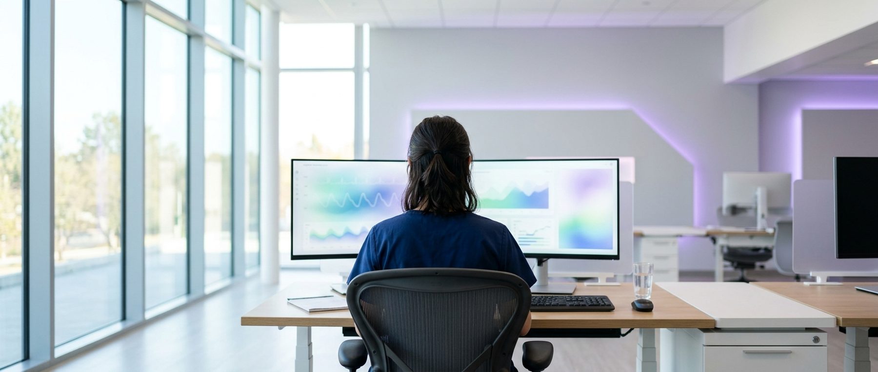 A clinician seen from behind at a bright monitoring station with two screens of abstract charts.
