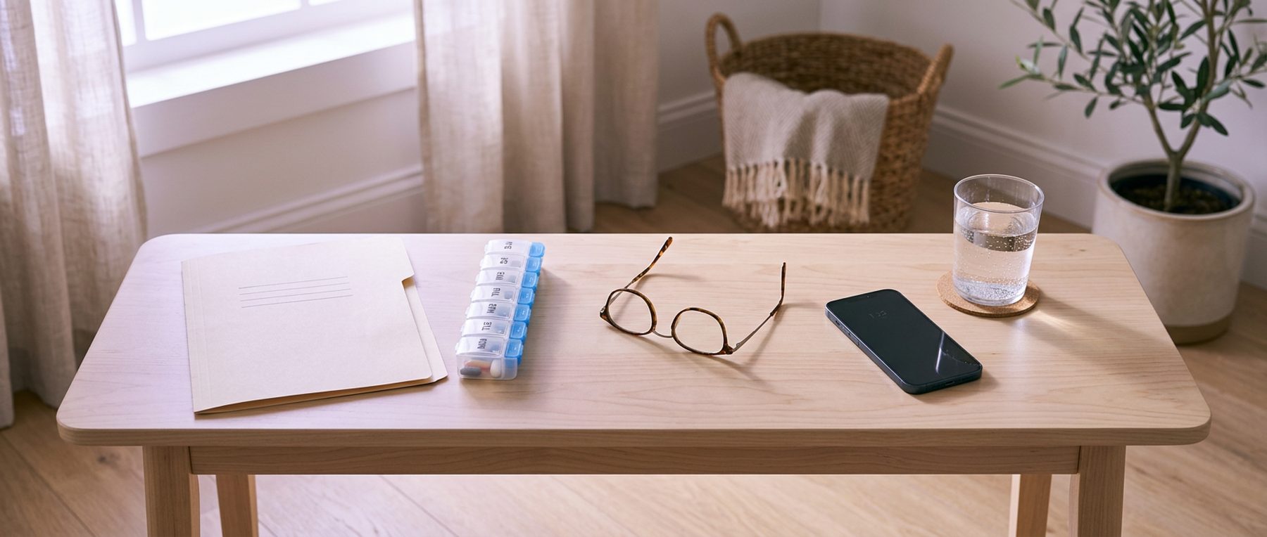 A home entry table with a discharge folder, a weekly pill organizer, reading glasses and a phone.