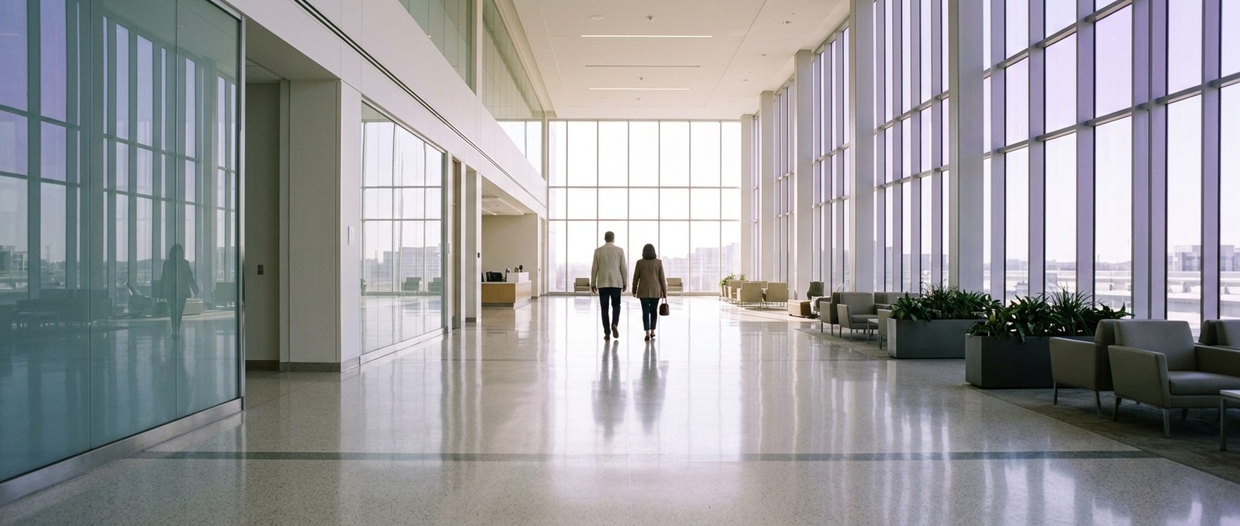 A bright hospital discharge lobby with tall windows, two figures walking away in the distance.