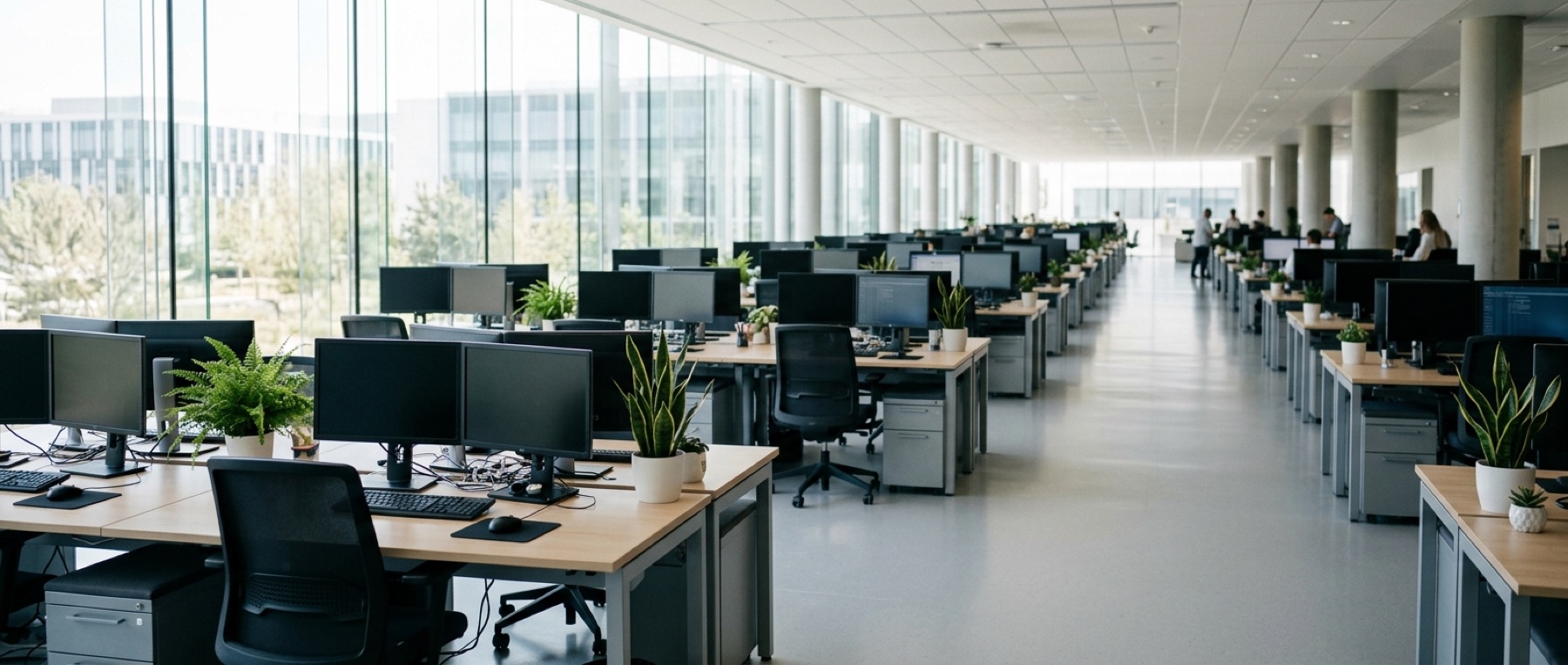 A wide view of a bright healthcare back-office operations floor with rows of clean desks.