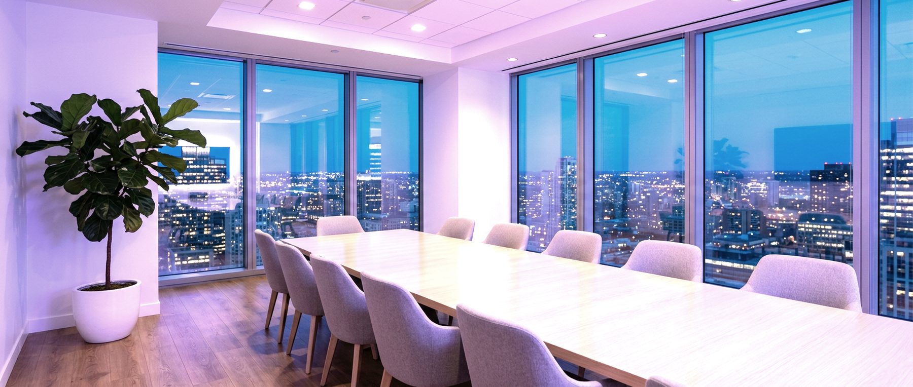 An empty modern medical office meeting room with a long table and a wall of windows over a city at dusk.