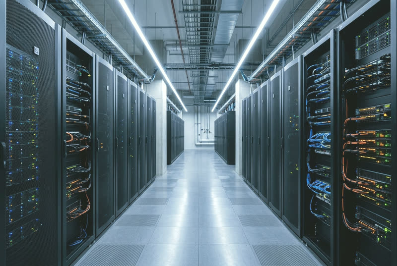 A softly lit aisle of server racks in a modern data center.