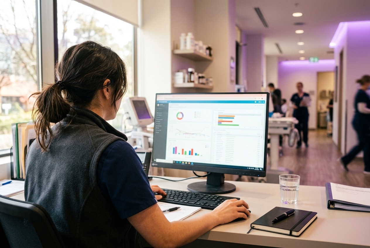 A clinician at a workstation in a bright clinic reviewing medication records on screen, seen from behind.