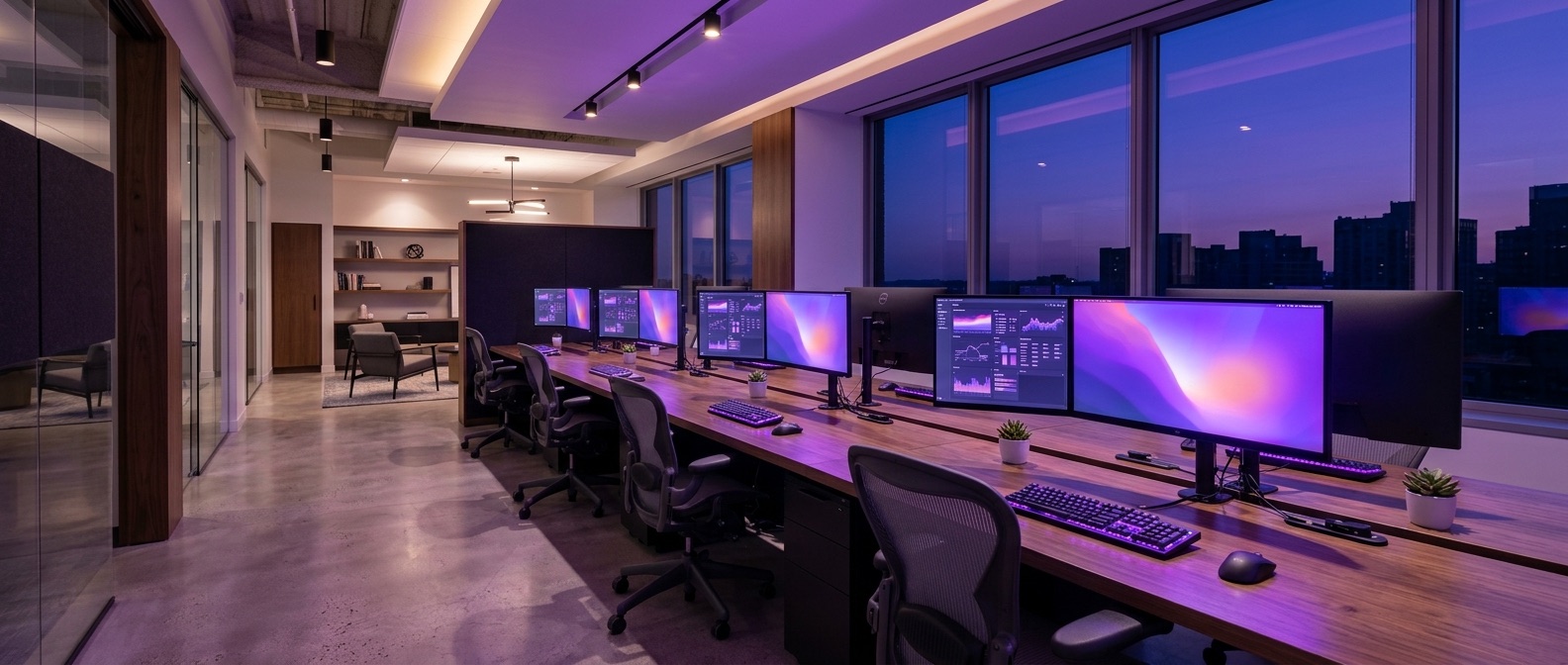 A bright analytics workspace at dusk with monitors showing soft abstract gradients.