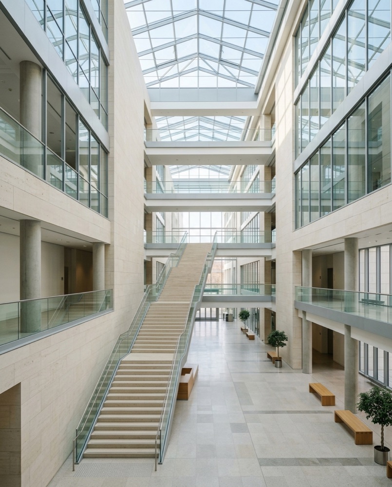 The sunlit stone-and-glass atrium of a modern civic government building.