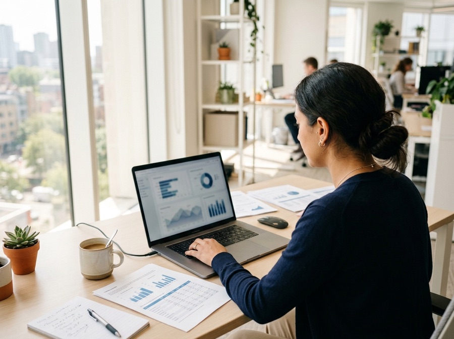 A healthcare data analyst reviewing performance charts on a laptop beside printed reports in a bright modern office.