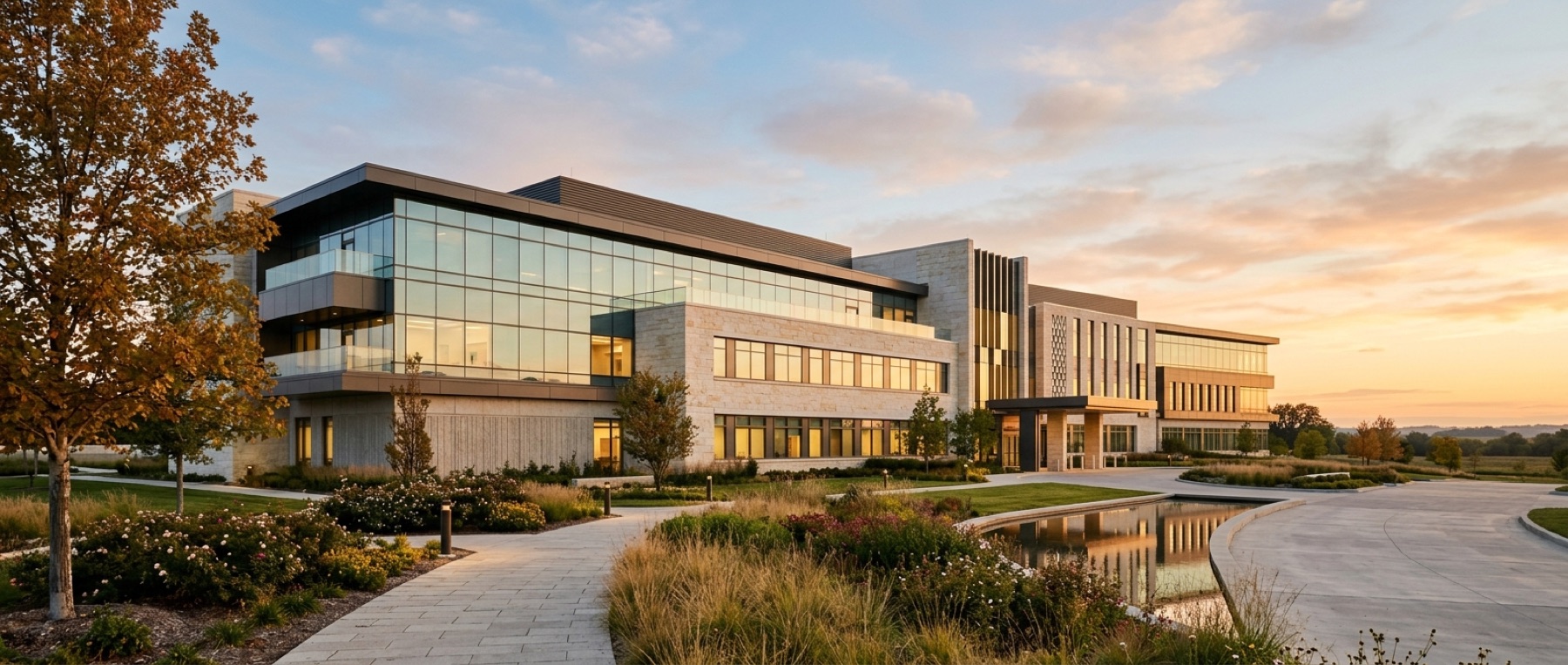 A modern healthcare facility of glass and pale stone photographed at golden hour.