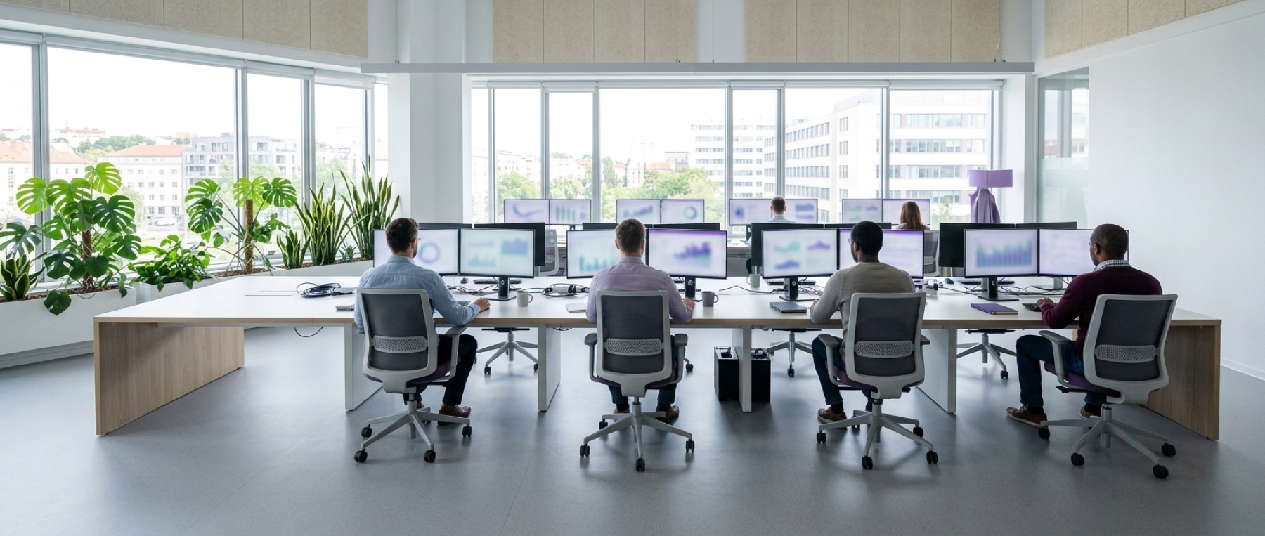 A wide view of a clinical analytics operations room, a long desk of monitors showing charts beneath tall daylit windows.