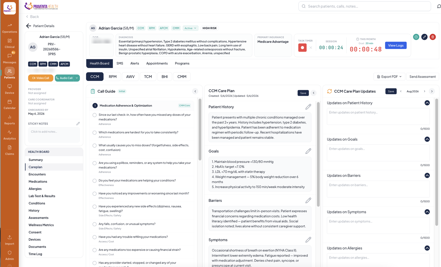 Praventa patient record showing a generated CCM call guide beside the care plan and the monthly care plan update panel, with a running task timer in the header