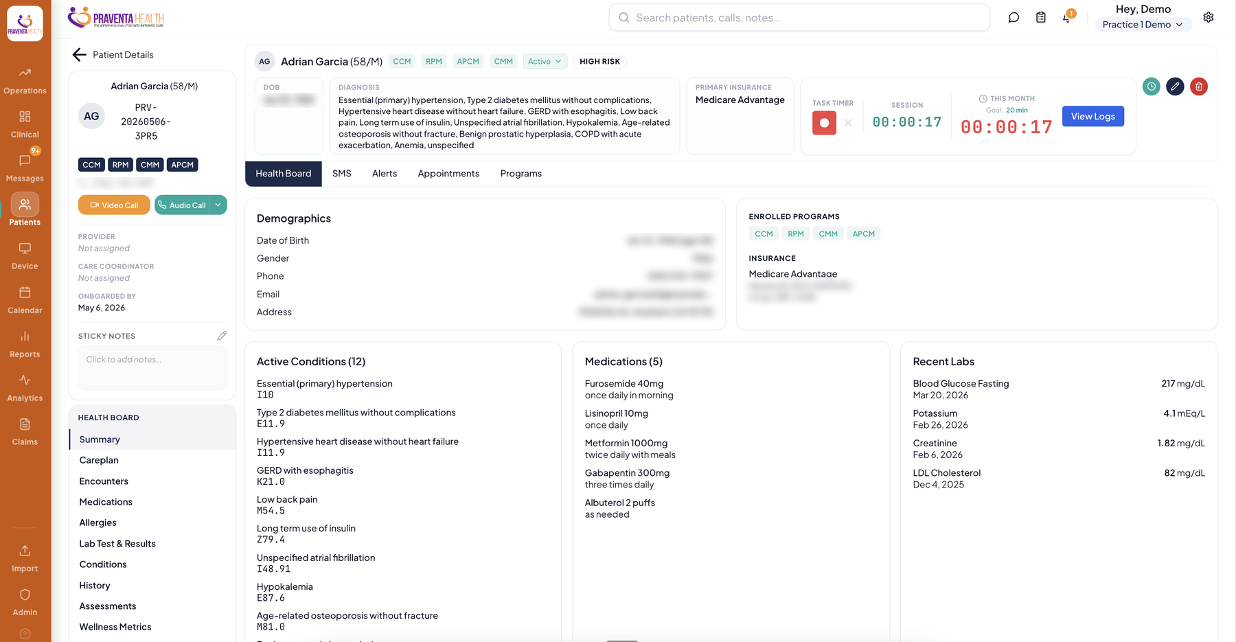 Praventa patient record showing enrolled programs, active conditions with ICD-10 codes, current medications and recent lab results in one view
