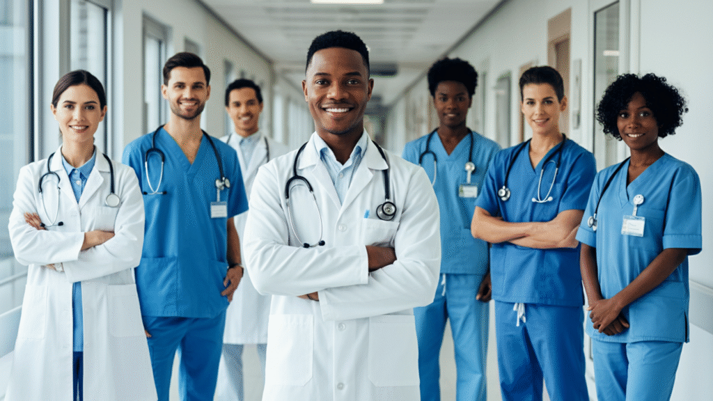 A group of diverse healthcare professionals, including doctors, nurses, and a pharmacist in lab coats and scrubs, stand confidently together in a hospital hallway, smiling at the camera.
