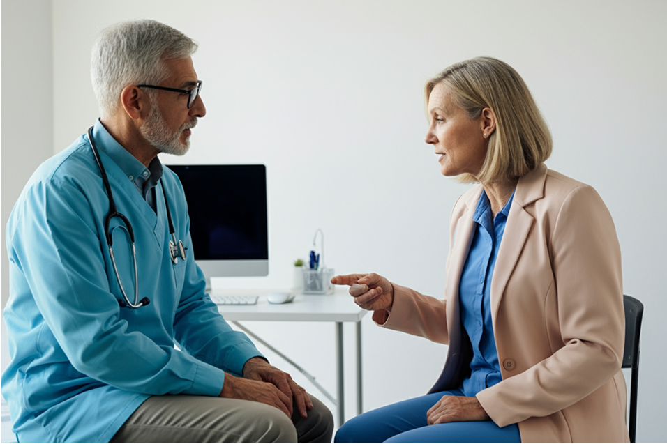 A medical doctor with gray hair and glasses listens attentively to a woman in a pink blazer as they sit facing each other in a health-focused office with a computer in the background.