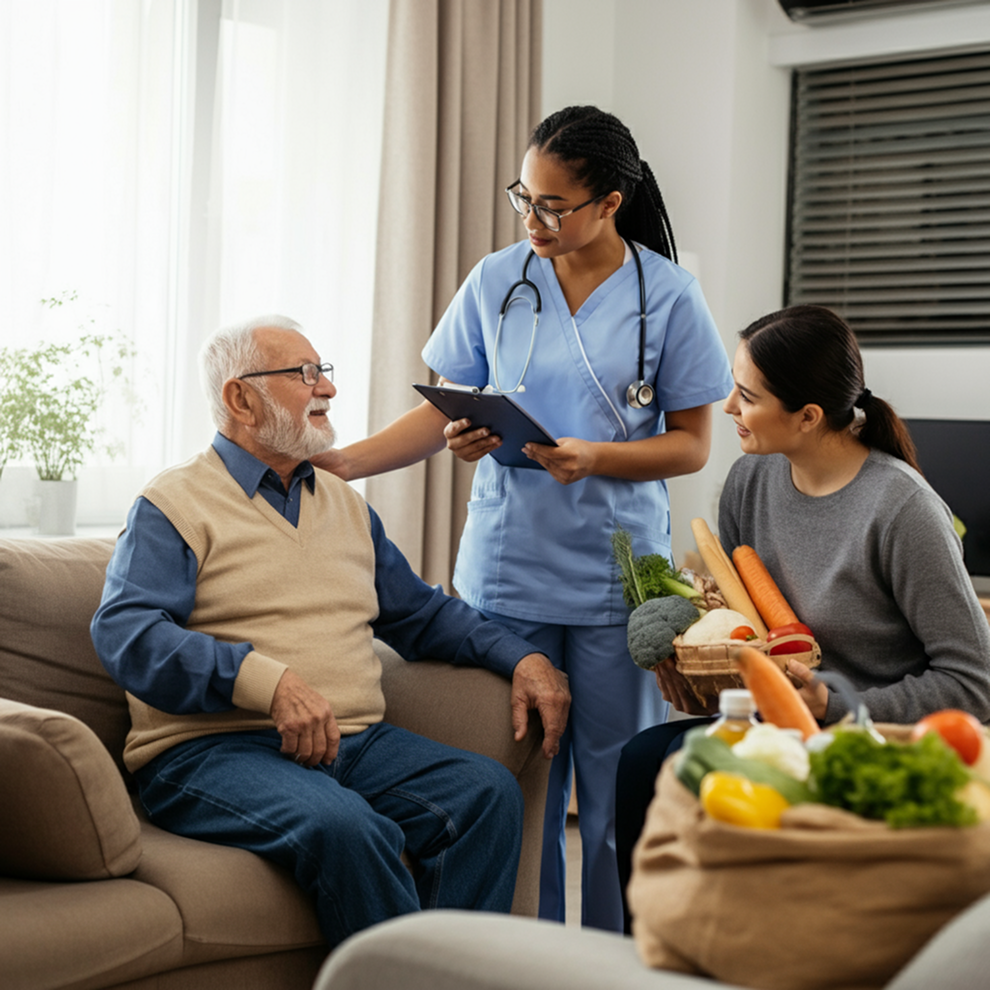 A nurse with a stethoscope talks to an elderly man on a couch, while a woman beside him holds a basket of fresh vegetables. In the well-lit living room, groceries and medical analytics tools are arranged on the table.