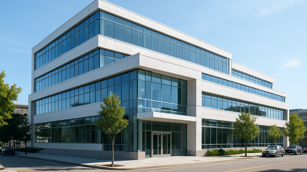A modern three-story office building with large glass windows and white exterior panels, ideal for companies specializing in AI or analytics, situated on a corner with a few small trees along the sidewalk under a clear blue sky.