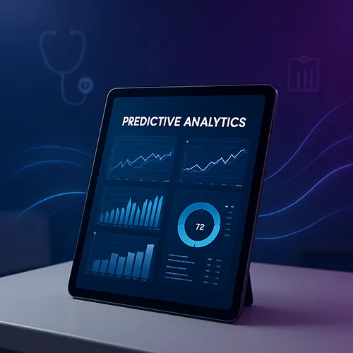 A tablet on a desk displays health analytics graphs and charts, including line graphs, bar charts, and a circular chart, against a dark blue and purple background with healthcare-themed icons.