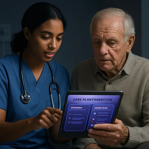 A nurse in blue scrubs discusses a medical care plan transition with an elderly man, both looking at a tablet displaying information. The nurse points at the screen, assisting the man in understanding the details.