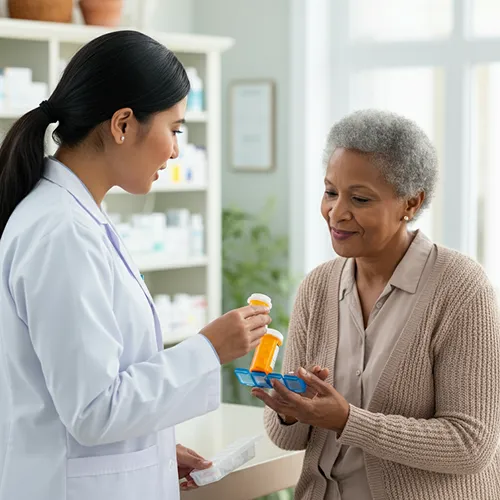 A pharmacist explains prescription medication to an older woman, who is holding a pill organizer and pill bottle in a medical pharmacy setting.