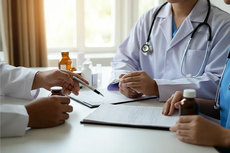Three healthcare professionals in white coats sit at a table discussing medical charts and notes, with a pharmacist reviewing medicine bottles and paperwork visible in the foreground.
