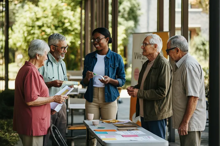 A group of older adults and a young woman, possibly a pharmacist, stand around a table outdoors, smiling and talking over papers and coffee cups. Trees and a building are visible in the background, reflecting a caring community atmosphere.