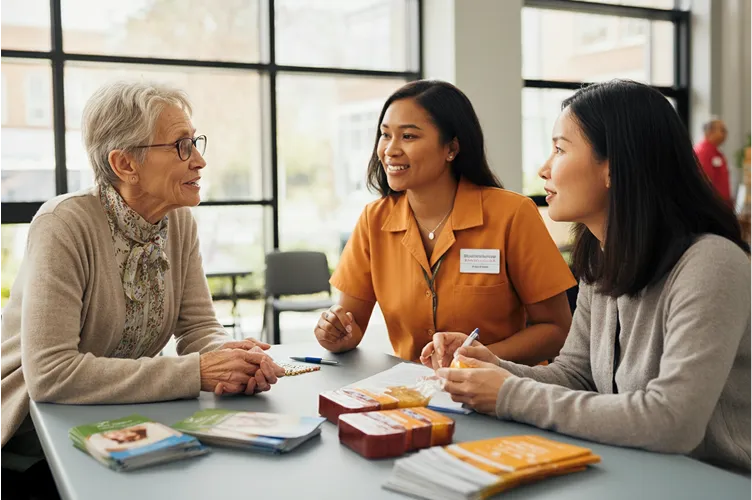 Three women sit at a table with pamphlets and notepads, engaged in a friendly conversation about care. One woman is elderly, while the other two appear to be professionals, one wearing an orange uniform and name badge.