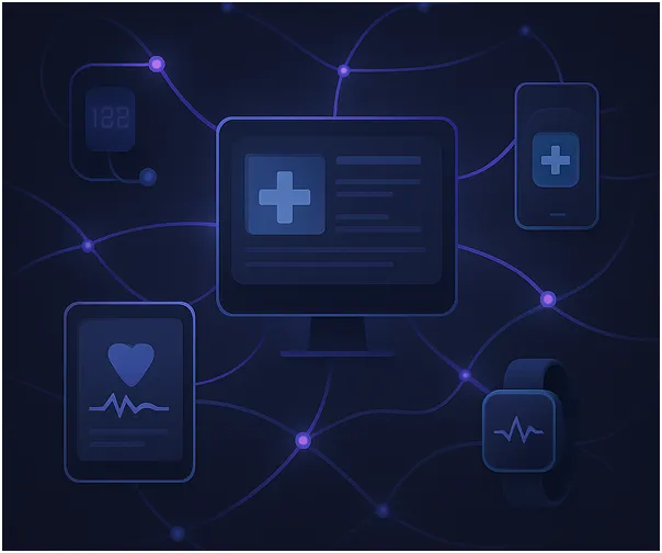 Dark, futuristic illustration of interconnected medical devices—computer monitor, tablet, smartphone, smartwatch—all displaying health data icons powered by AI analytics and glowing lines, symbolizing advanced digital healthcare.