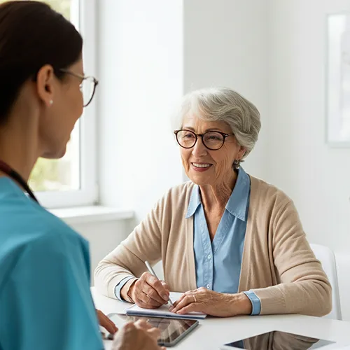 An older woman with gray hair and glasses smiles while talking to a healthcare professional in scrubs at a bright, modern medical office. She is holding a pen and appears to be signing a care or medical form.