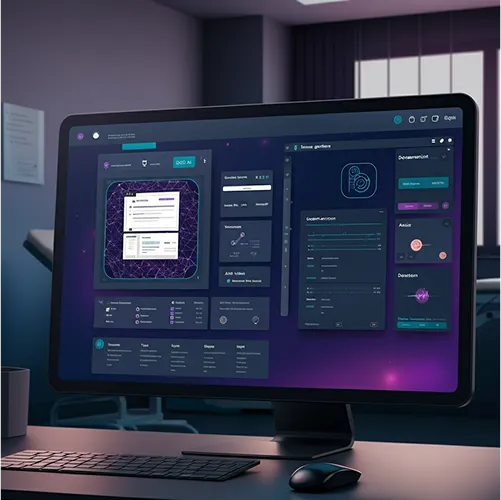 A computer monitor displays a sleek, futuristic medical dashboard interface powered by AI, featuring various charts, icons, and data in a dimly lit office or clinic setting.