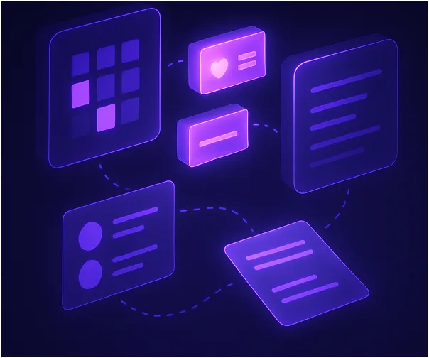 A digital illustration shows glowing, purple-tinted UI elements like menus, cards, and forms connected by dashed lines on a dark background, representing data flow or AI-powered interface design.