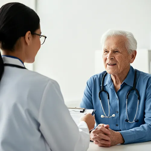 An elderly man with gray hair and a stethoscope around his neck sits at a desk, smiling and talking with a pharmacist holding a clipboard.