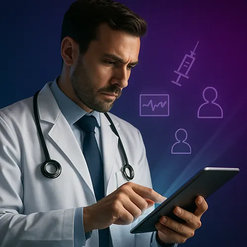 A male doctor in a white coat and stethoscope uses a tablet, with medical icons like a syringe, people, and a heart monitor—highlighting the integration of AI and analytics—displayed on a blue-purple gradient background.