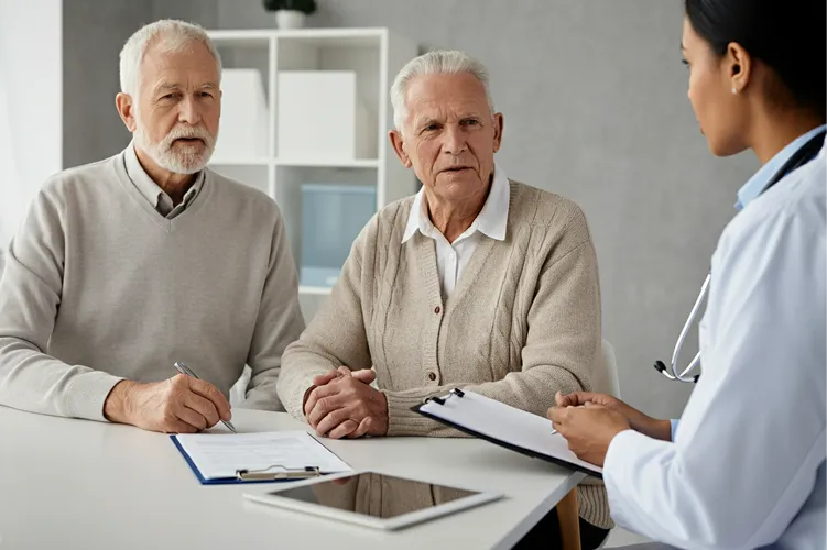 Two senior men sit at a desk across from a female doctor holding a clipboard. One man is writing on a form, while the other listens attentively. A tablet lies on the desk in front of them.