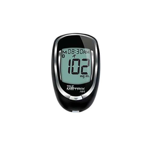 A digital blood glucose meter with AI displays a reading of 102 mg/dL, the time 8:30 AM, and Monday on its clear screen. The black Tru Metrix AIR device offers smart analytics for effective monitoring.