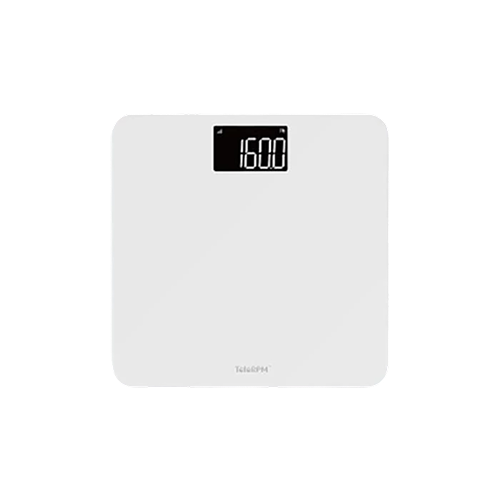 A white digital bathroom scale displays a weight of 160.0 on its black, backlit screen. The minimalist design makes it a stylish addition to any health-conscious routine.