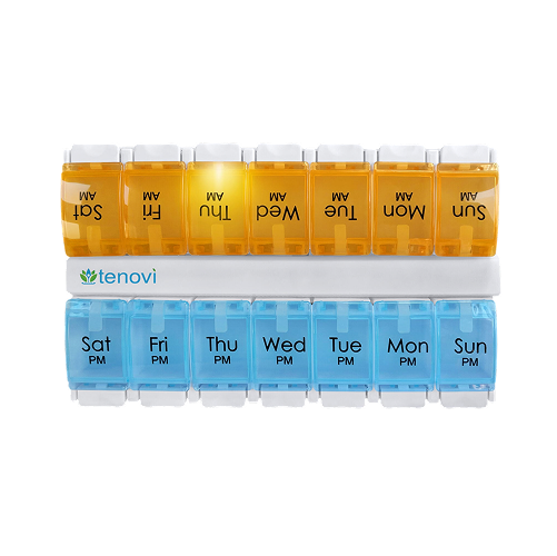 Two medical weekly pill organizers, one yellow for AM doses and one blue for PM doses, each with seven compartments labeled Sunday to Saturday, help manage your routine with precision.