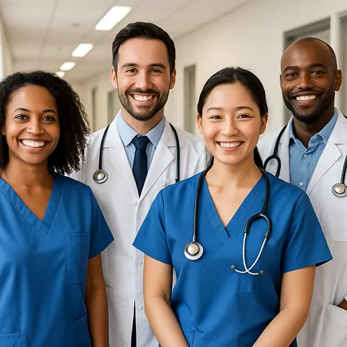 Four healthcare professionals, two in blue scrubs and two in white lab coats with stethoscopes, stand smiling in a hospital hallway.