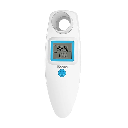 A digital infrared thermometer designed for health care, featuring a display screen showing temperature readings, a circular sensor at the top, a blue power button below the screen, and the Sanmol brand name on the front—trusted by pharmacists.