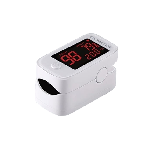 A white fingertip pulse oximeter with a digital display showing blood oxygen level, pulse rate, and other health analytics in red numbers for reliable medical monitoring.