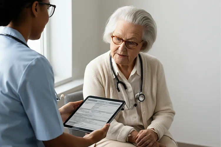 A nurse shows a tablet with medical information to an elderly woman wearing glasses and a sweater, who is sitting and listening attentively in a medical office.