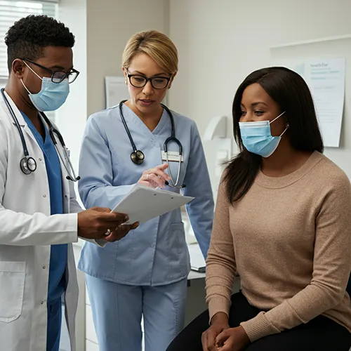 Two healthcare professionals wearing scrubs and masks review a clipboard while standing next to a seated woman, also masked, in a medical exam room.